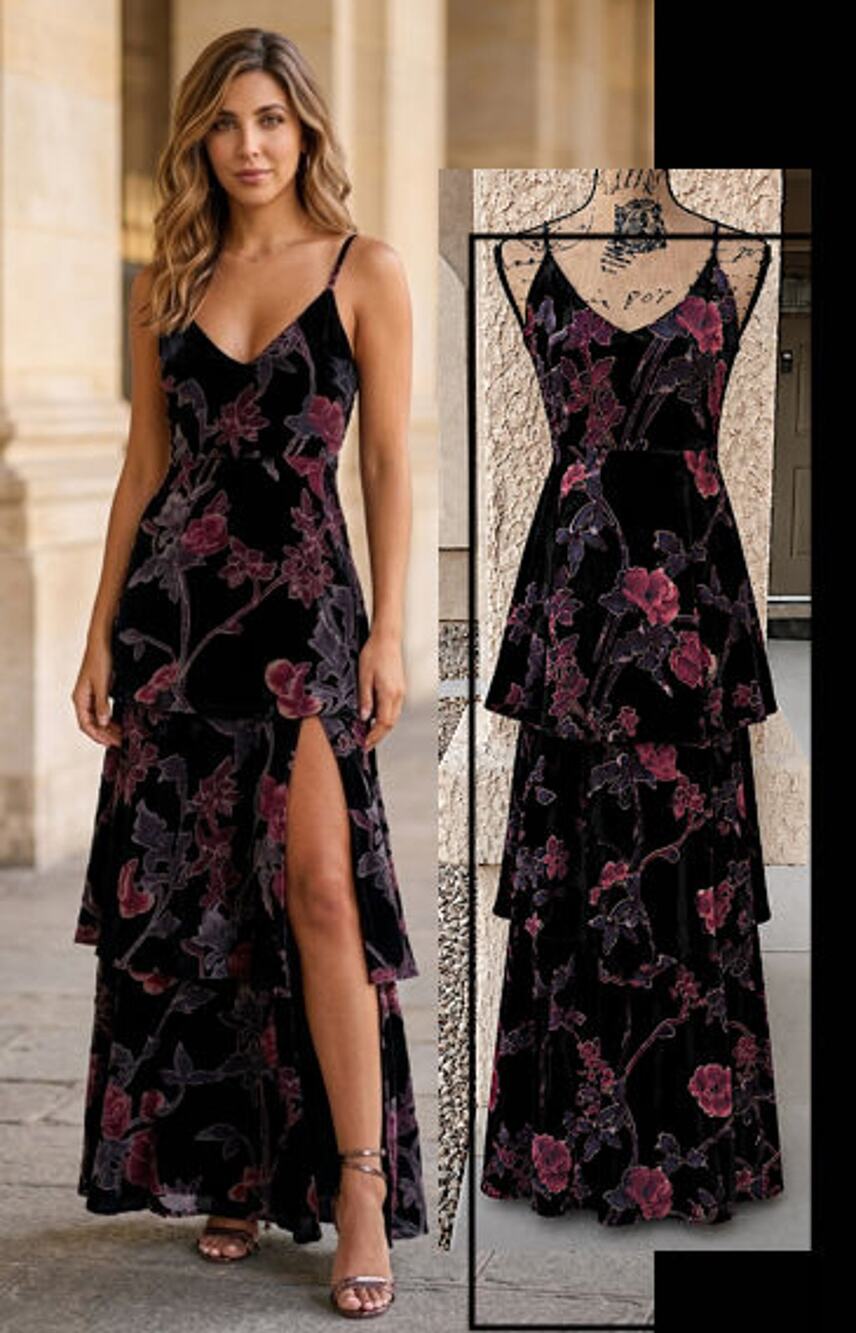 Lulus I Love You Amore Black Floral Velvet Tiered Maxi Dress Size L